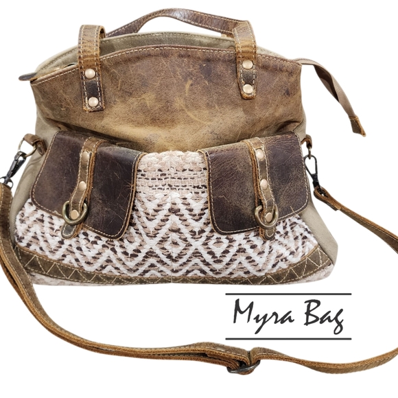 Myra Bag Handbags - Myra Bag Brown Leather    Canvas Adjustable Crossbody Distressed Western Rustic